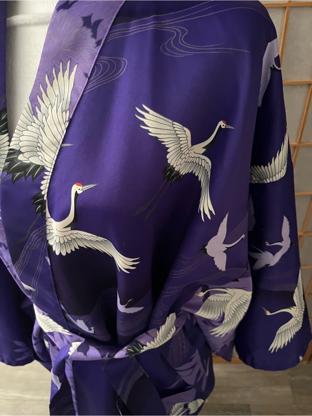 Japanese White Crane Kimono Purple Robe Japan Vintage One Sz Textile Label Belt - Picture 3 of 8